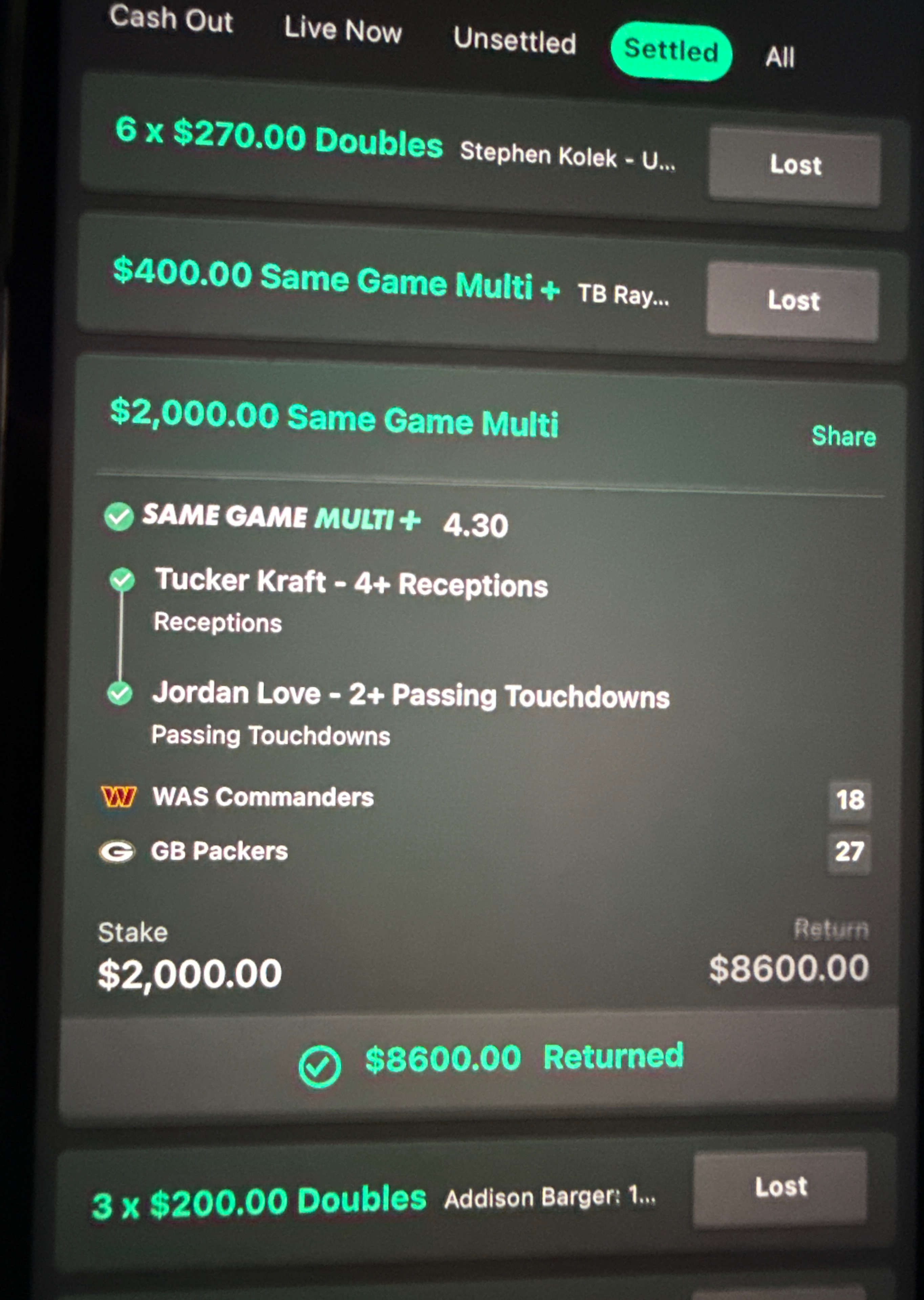 NFL $2,000 same game multi returning $8,600